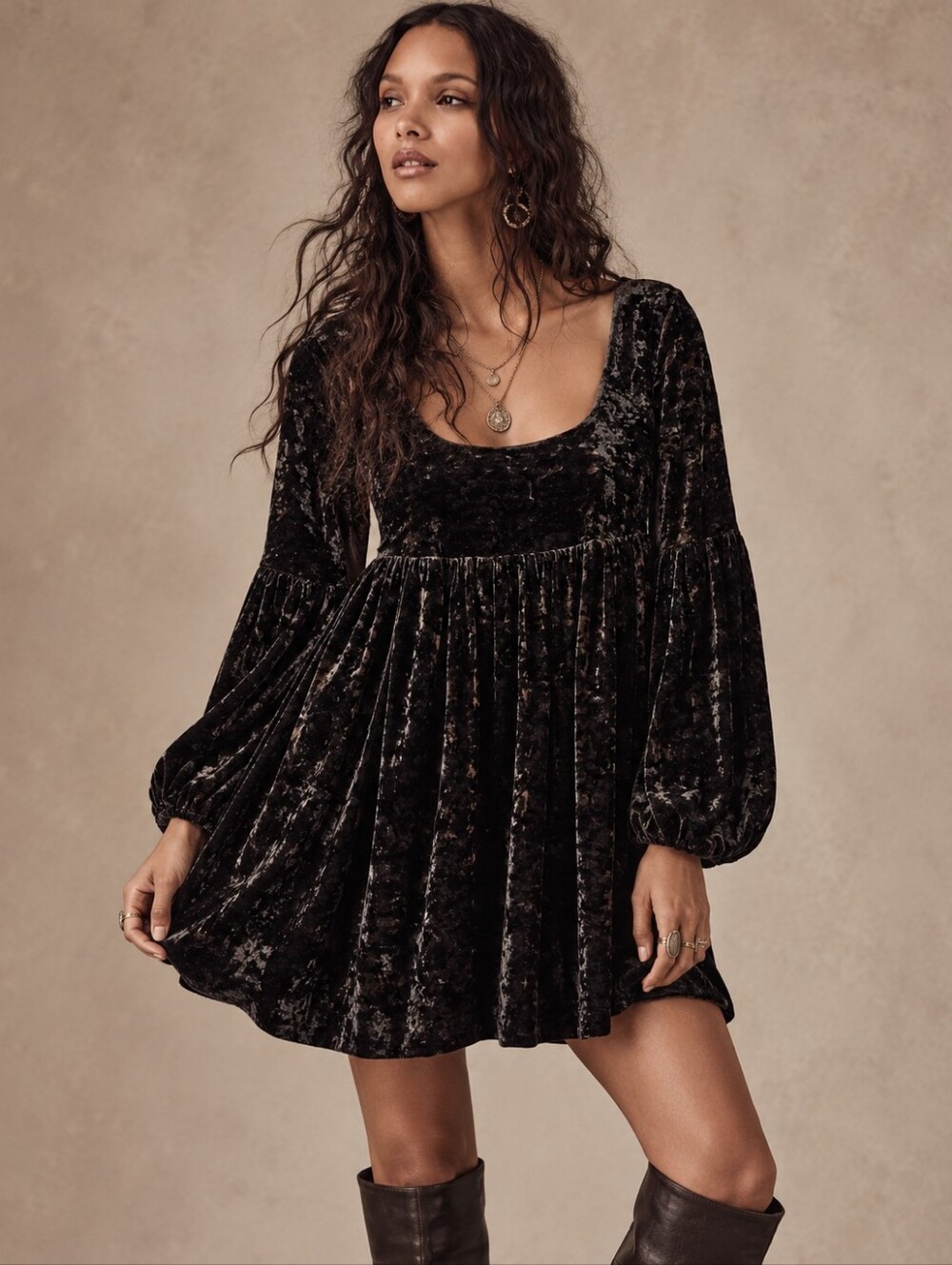 Free People Black Velvet Babydoll Dress Size XS Long Sleeve Mini